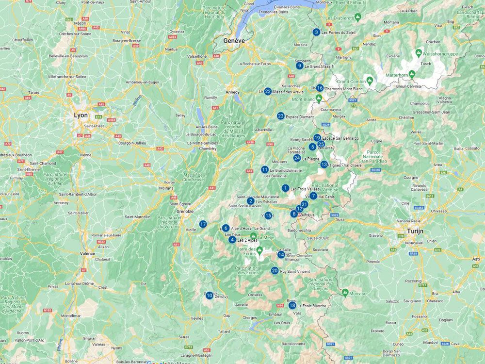 Overzicht Franse skigebieden op kaart
