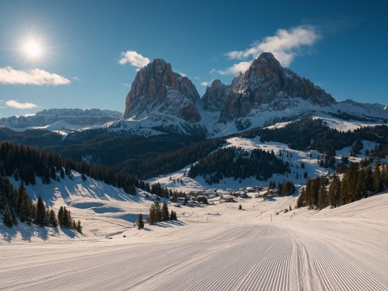 Sneeuwbedekte Dolomieten met zon in maart